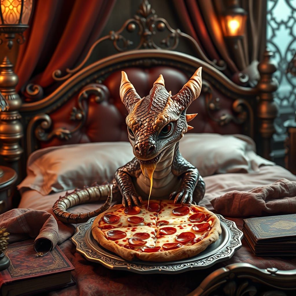 Baby Dragon Savoring Royal Feast in Lavish Fantasy Bedroom