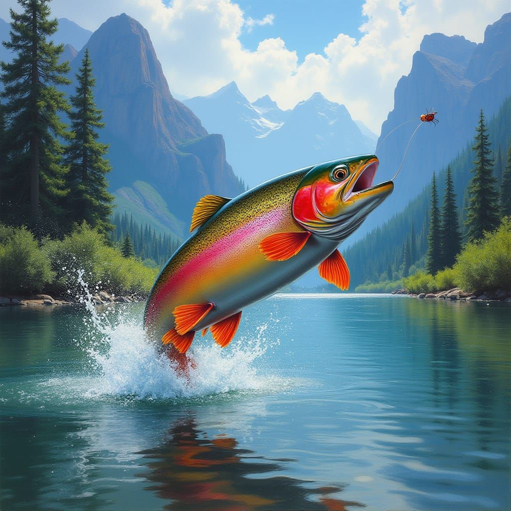 Vibrant Rainbow Trout Leaps Out of River in Majestic Mountai...