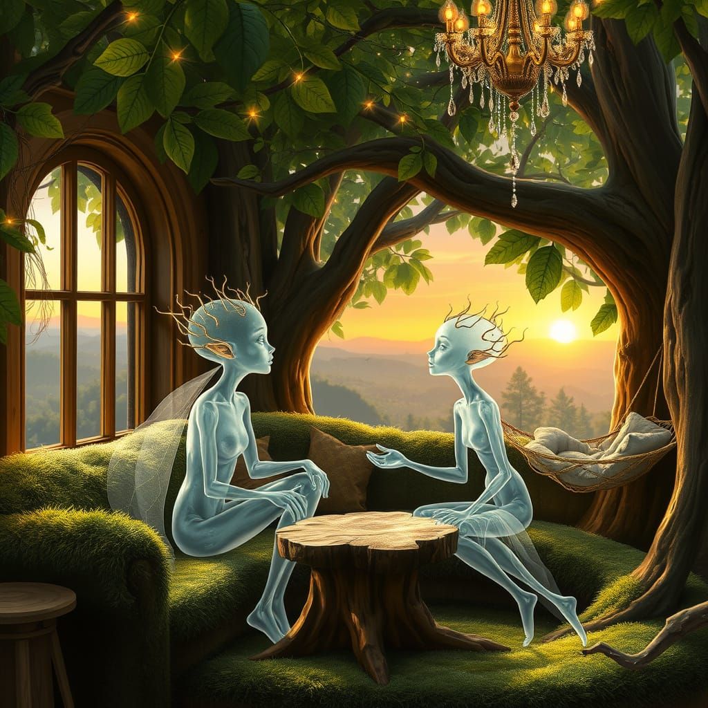 Ethereal Figures in Enchanting Treehouse, Miyazaki-esque