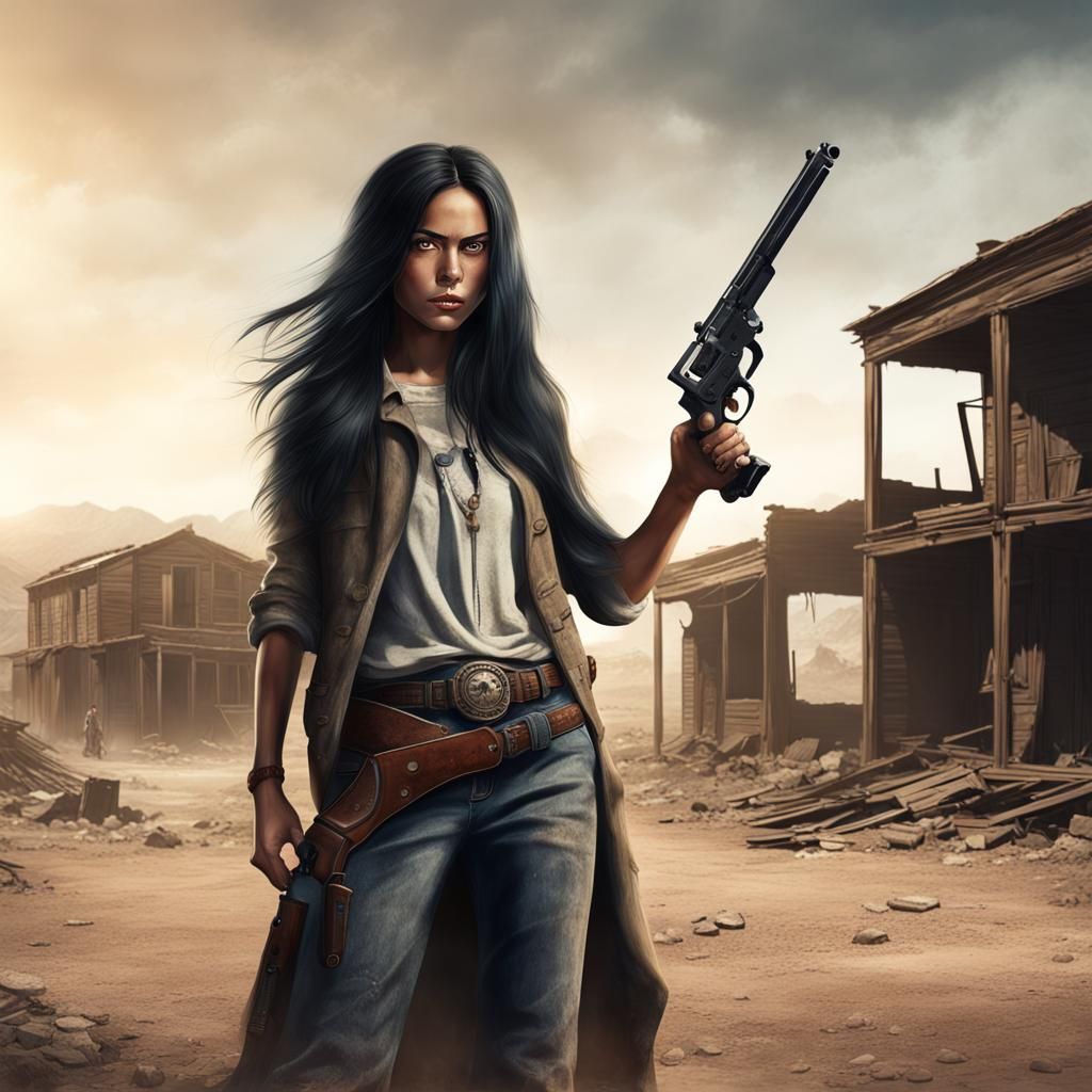Western Woman with Revolver in Ghost Town