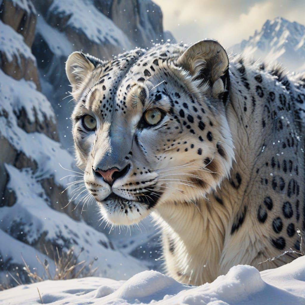 Watercolor Snow Leopard in Winter Landscape