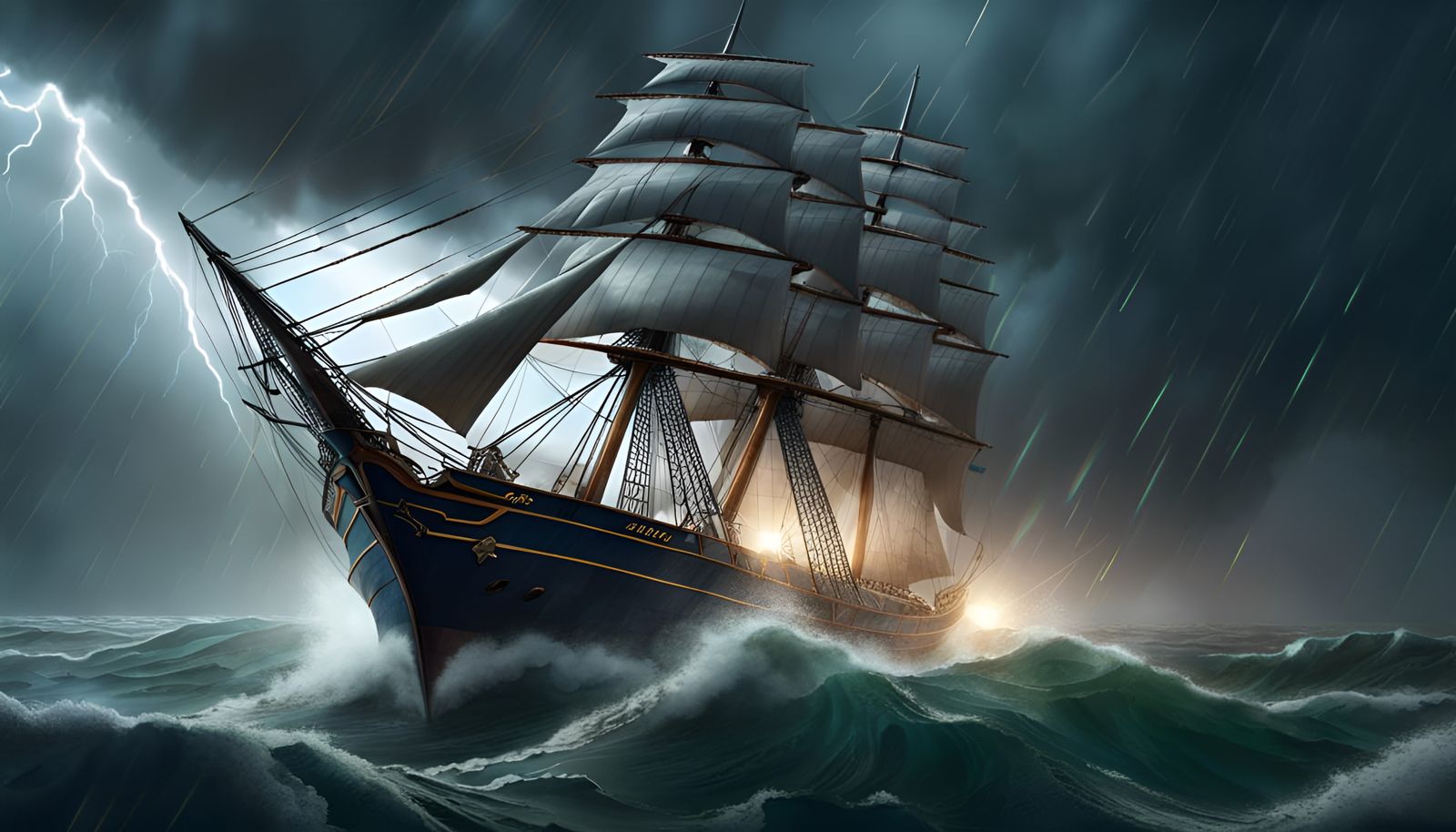 Sailing Ship Amidst Lightning Storm, Digital Art