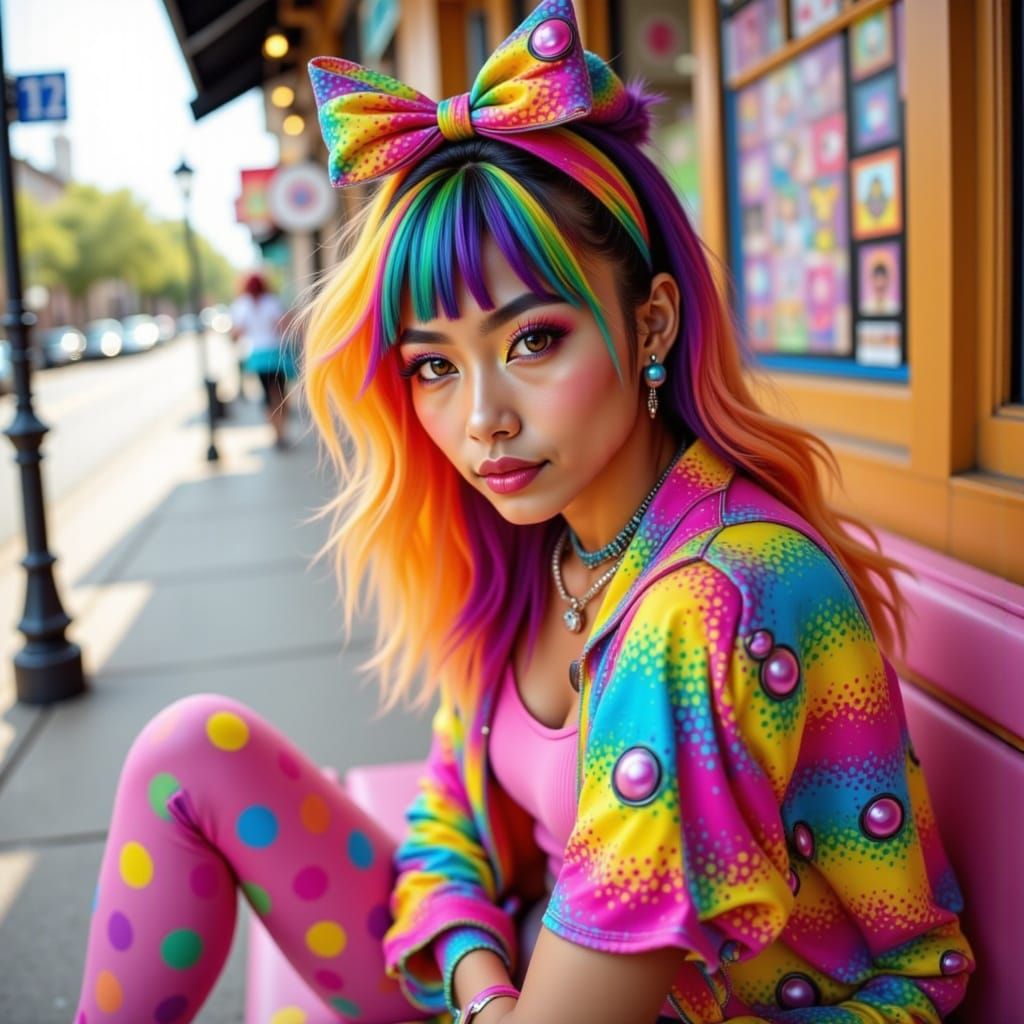 Quirky Gamer Girl With Rainbow Hair and Polka Dots