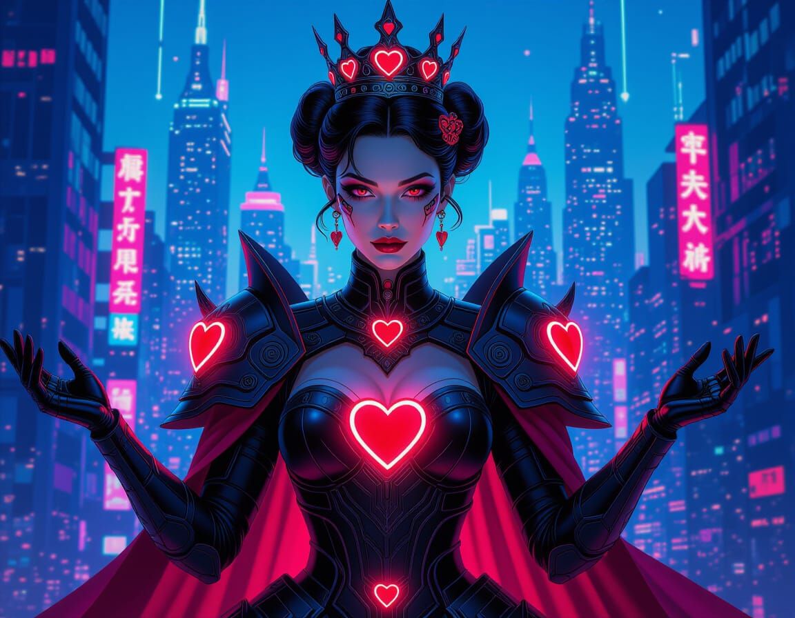 Futuristic Queen of Hearts in Cyberpunk Kingdom