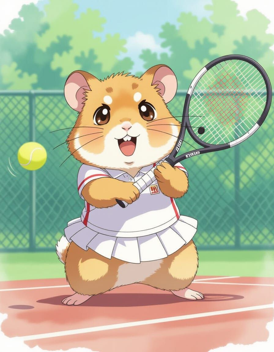 Anime Hamster Competes at Wimbledon in Watercolor Style