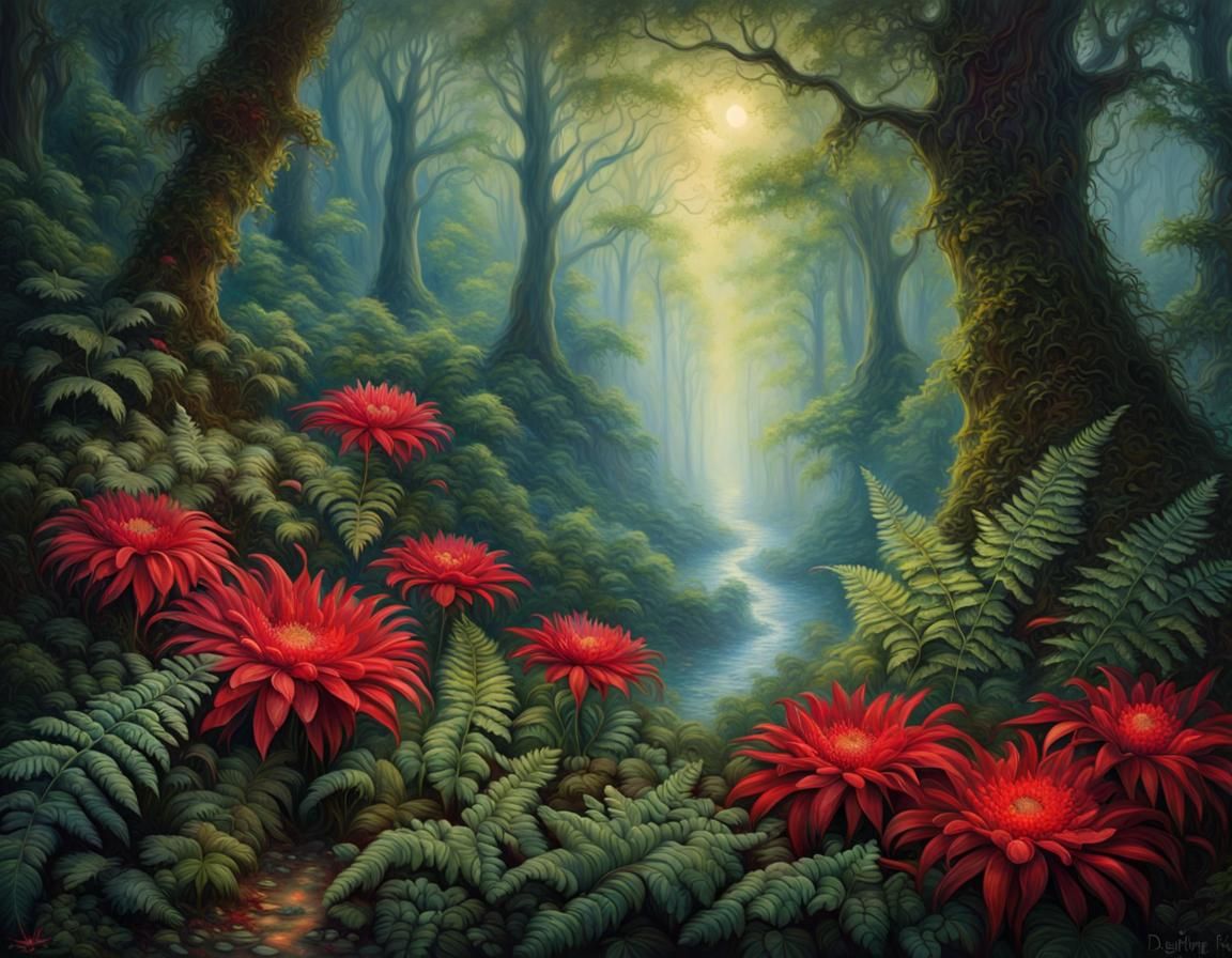 Magical Red Flower in Ethereal Forest, Fantasy Oil Painting