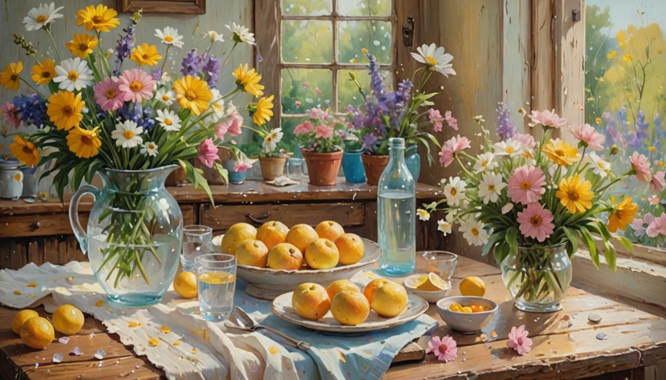 Impressionist Oil Painting of Cottage Products with Flowers