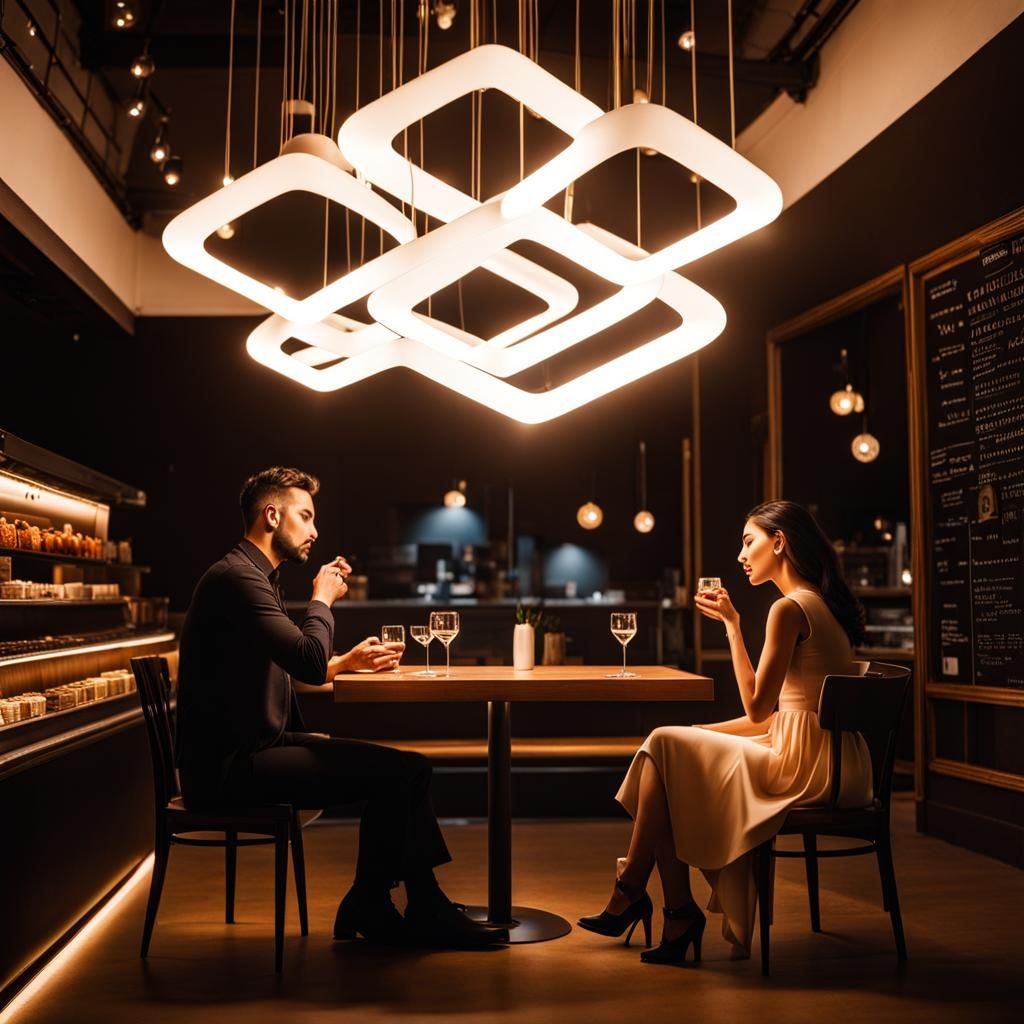 Couple's Intimate Cafe Moment in Volumetric Light