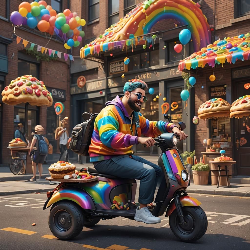 Rainbow Man on Scooter: Detailed Digital Art