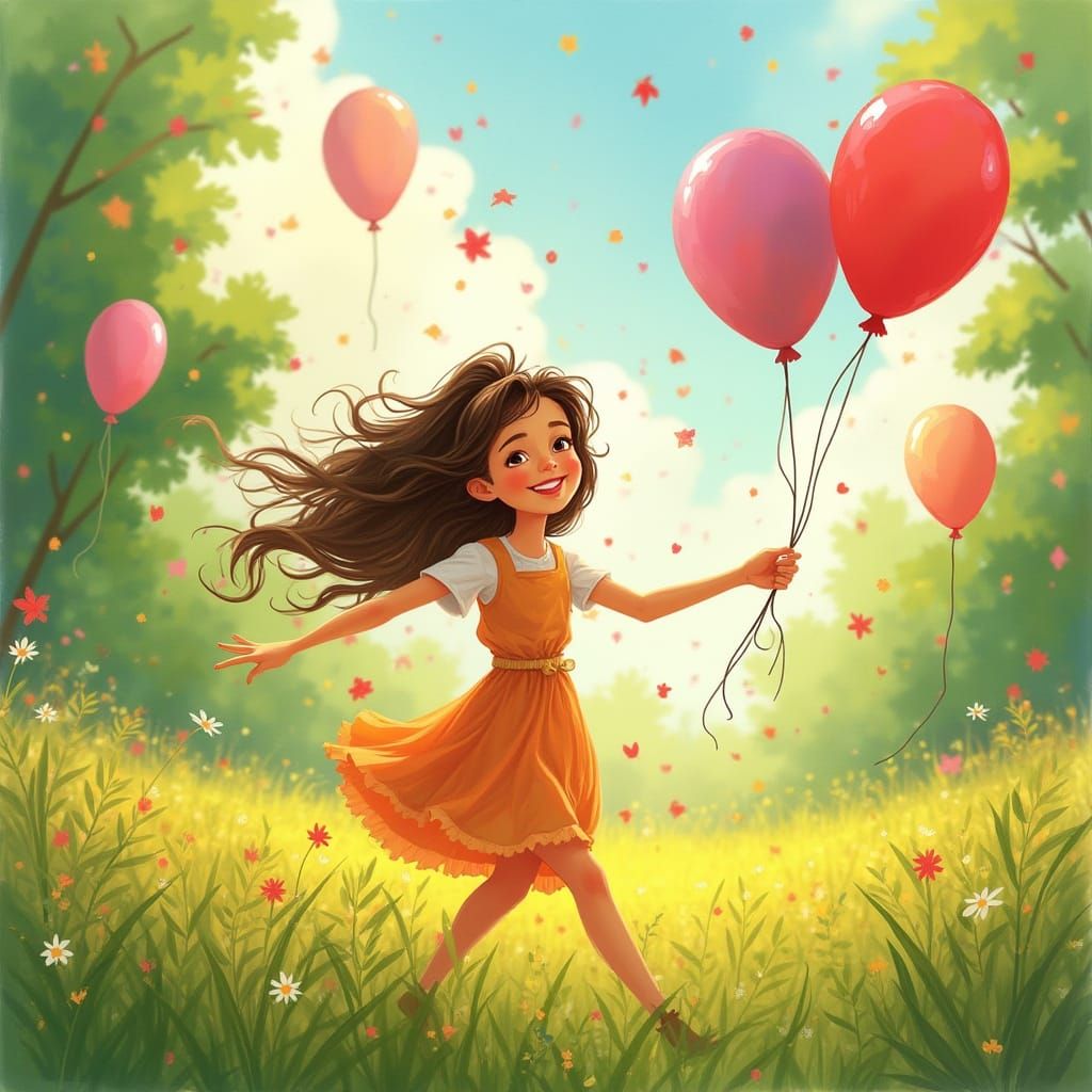 Young Woman Surrounded by Colorful Balloons in a Vibrant Gre...