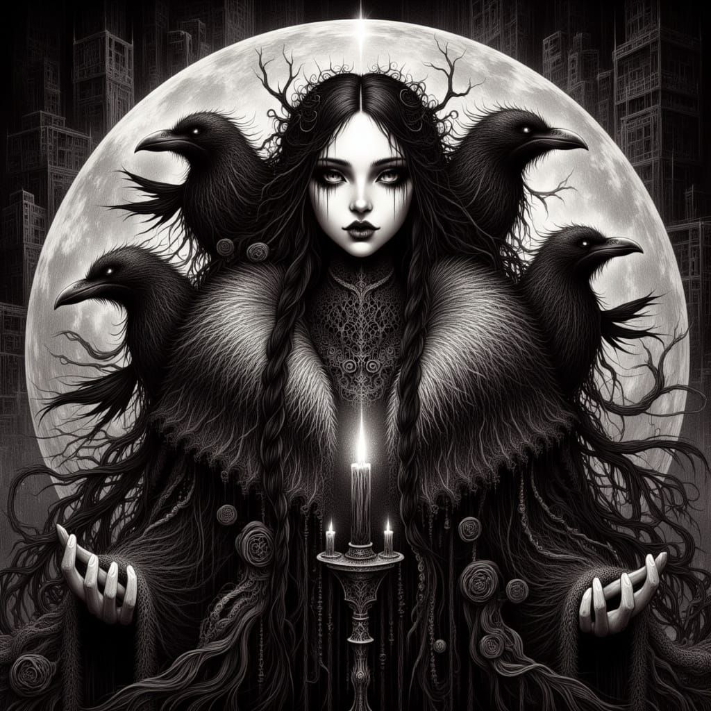 Brunhilde with Ravens in Gothic Art Style
