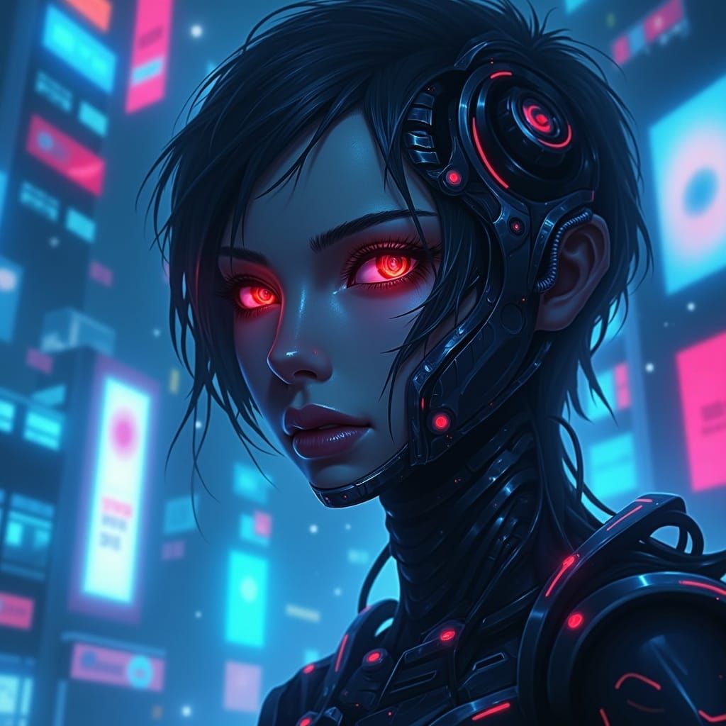 Cybernetic Woman with Red Eyes in Cyberpunk City