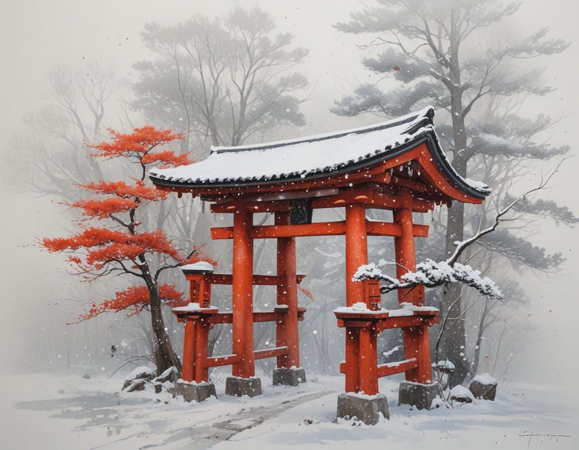 Shinto Shrine in Snowfall with Guardian Fox