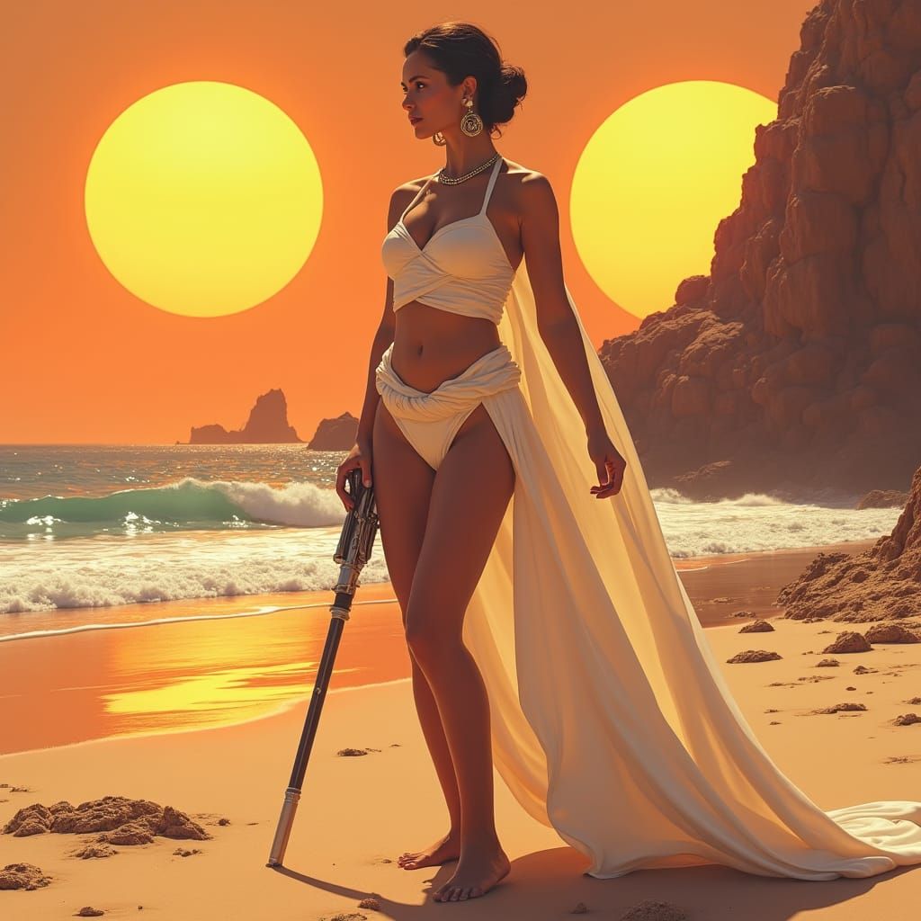 Princess Leia Posing on Alien Beach, Retro-Futurism Art