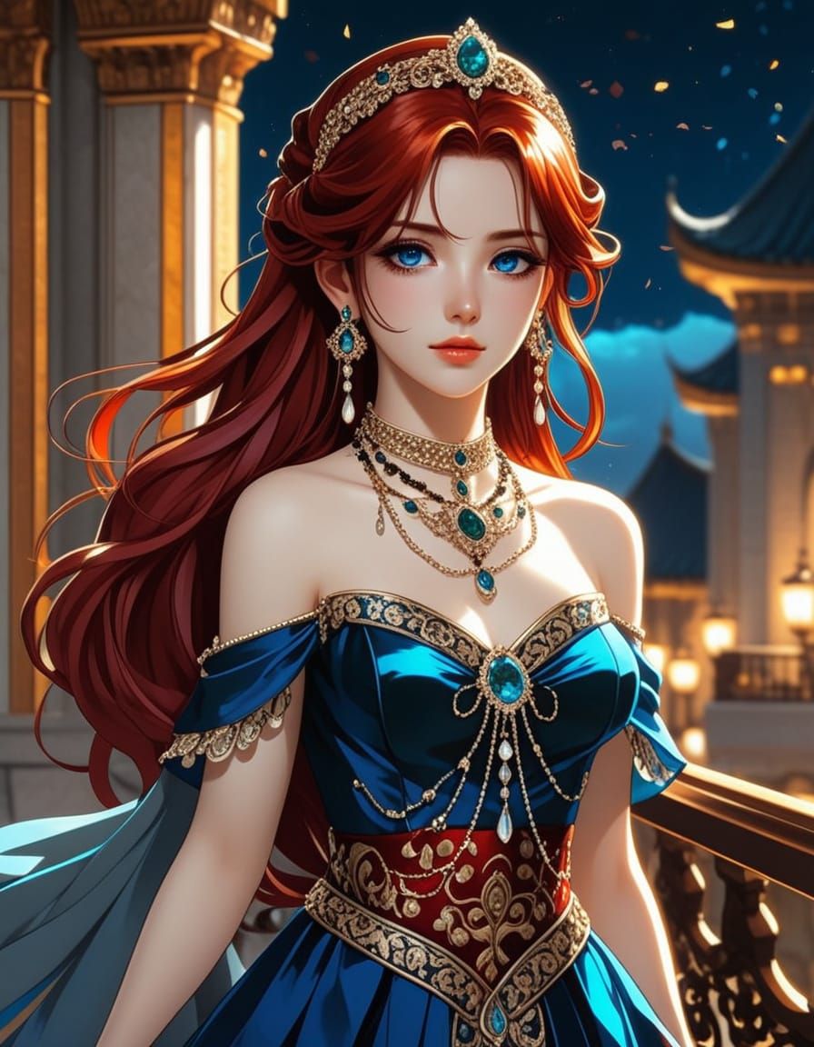 Regal Anime Noblewoman in Royal Blue and Crimson