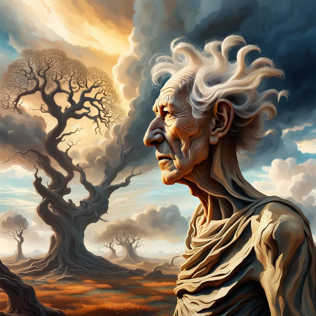 Surreal Elderly Figure in a Ruined World