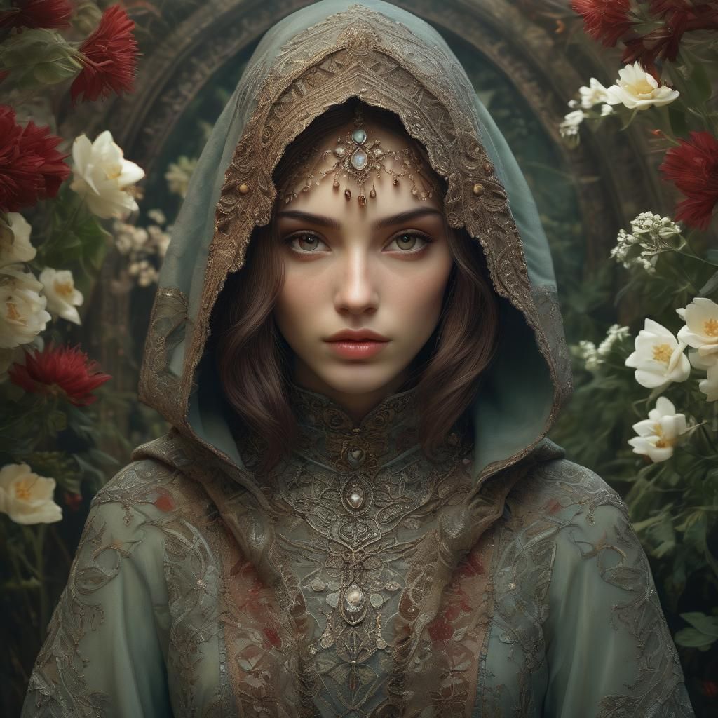 Mystical Woman with Ornate Hood, Art Nouveau Portrait