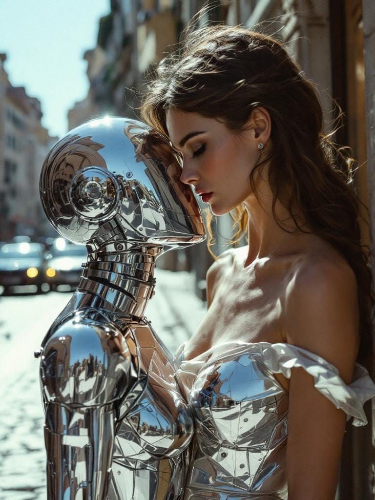 Hyperrealistic Figure Study in Rome, Metallic Reflections