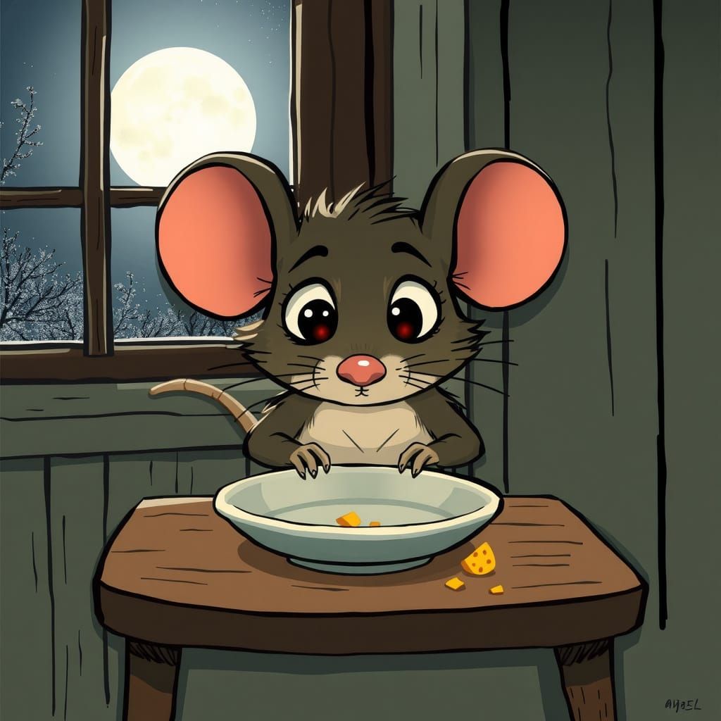 Forlorn Cartoon Mouse Contemplates Empty Cheese Plate Under ...