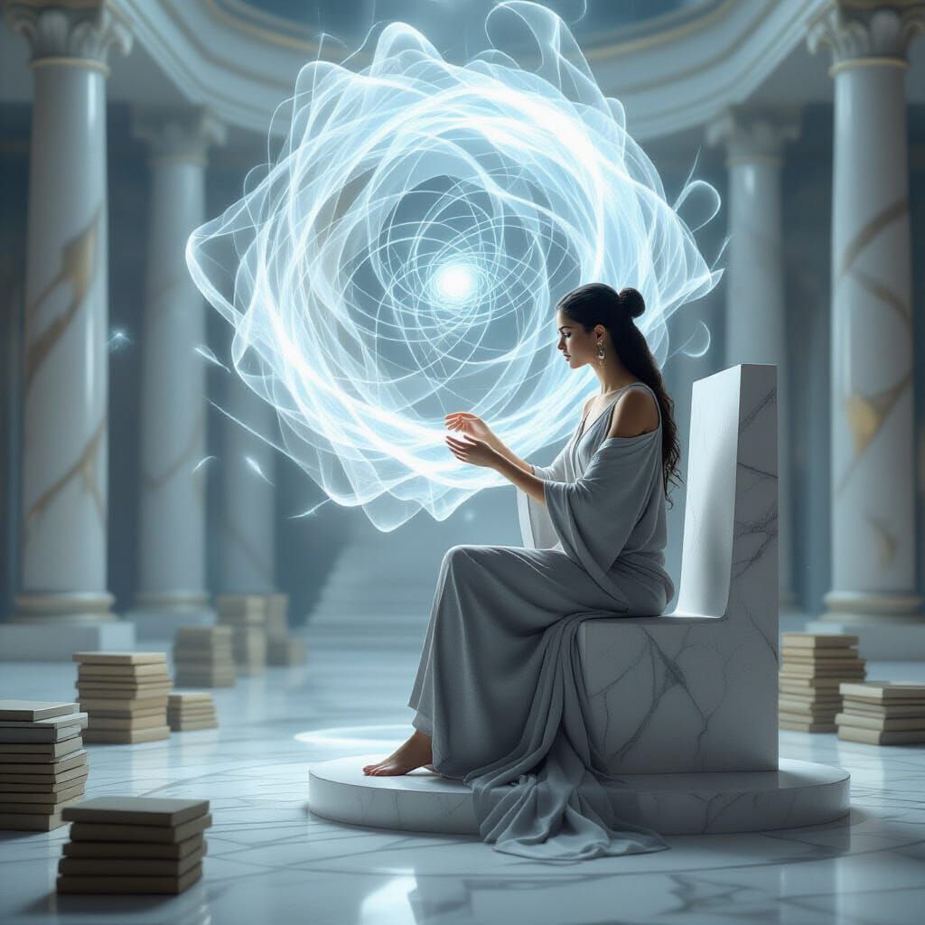 Deity Weaving Knowledge Tapestry on Marble Throne