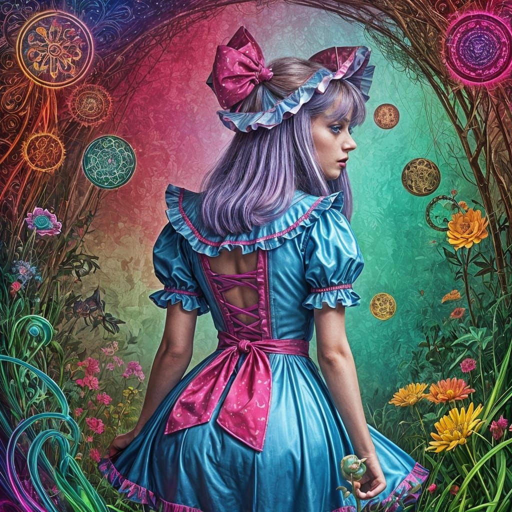 Vibrant Alice in Wonderland Scene in Psychedelic Style
