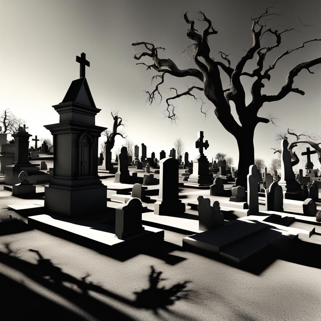 Surreal 3D Cemetery with Dramatic Lighting