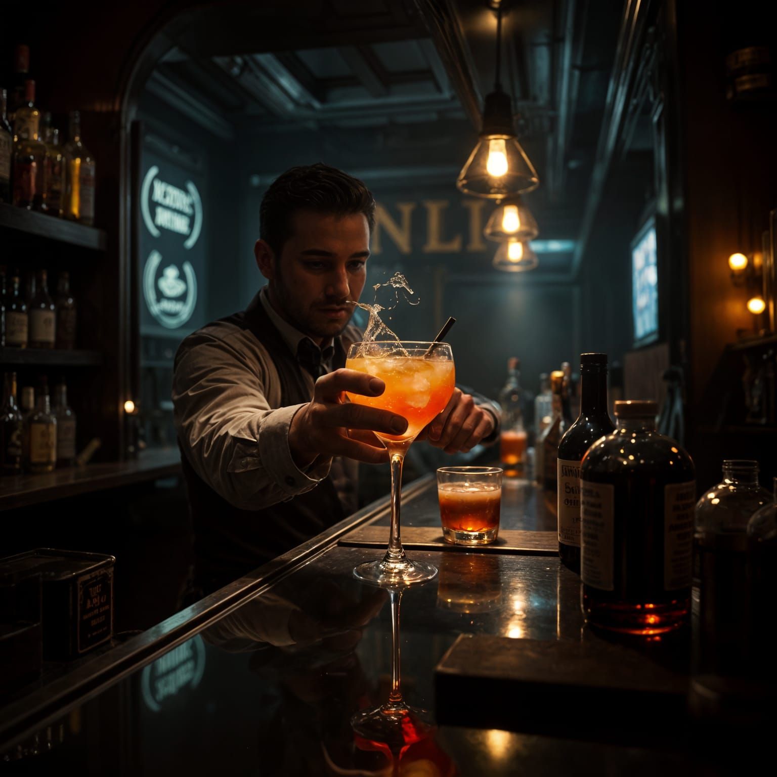 Bartender Crafts Cocktail in Dim Speakeasy: Hyperrealistic