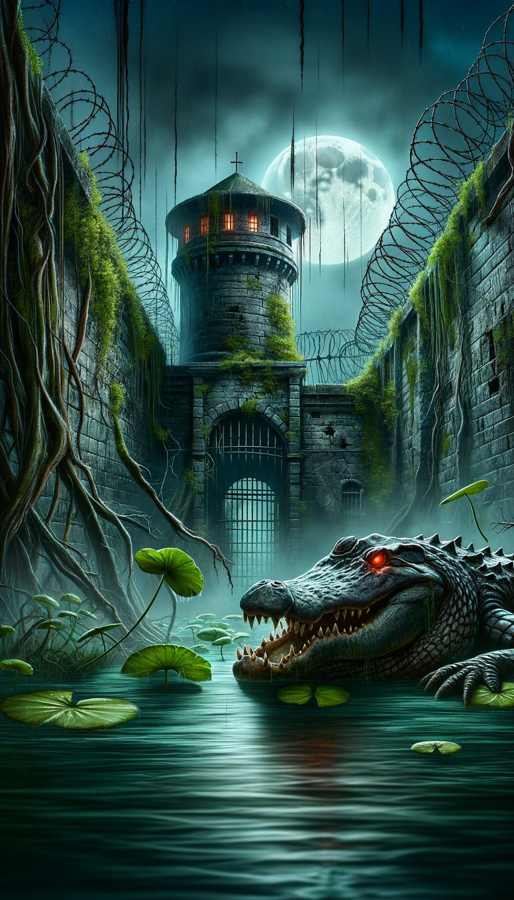 Eerie Swamp Guard Tower with Alligator in Teen Horror Style