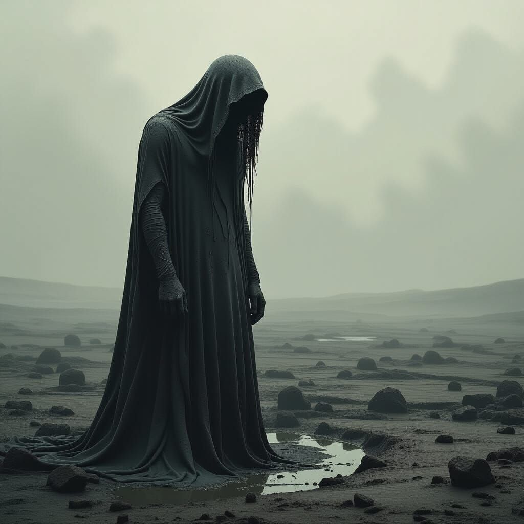 Mud-Covered Figure in Dystopian Landscape