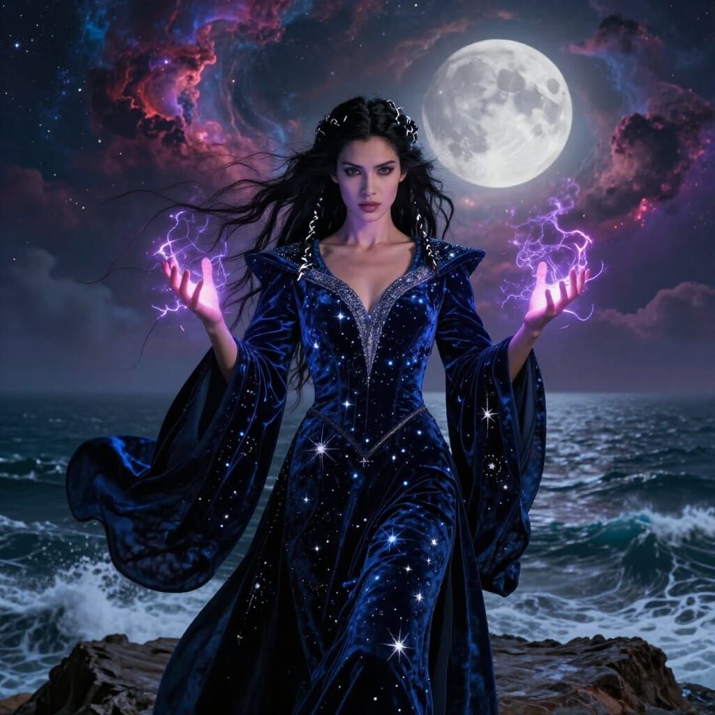 Sorceress Casting Arcane Energy on Nebulae Sky
