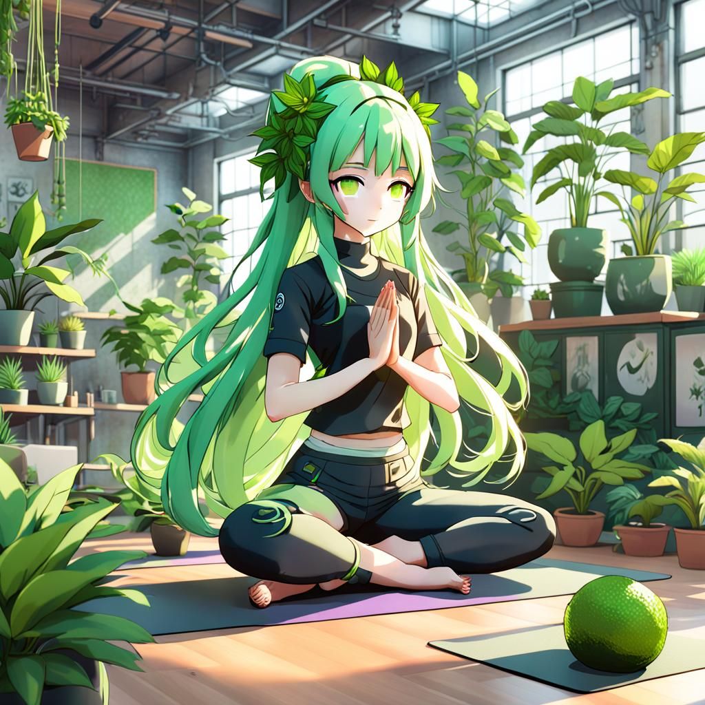Anime Girl Doing Yoga in Industrial Plant-Filled Room