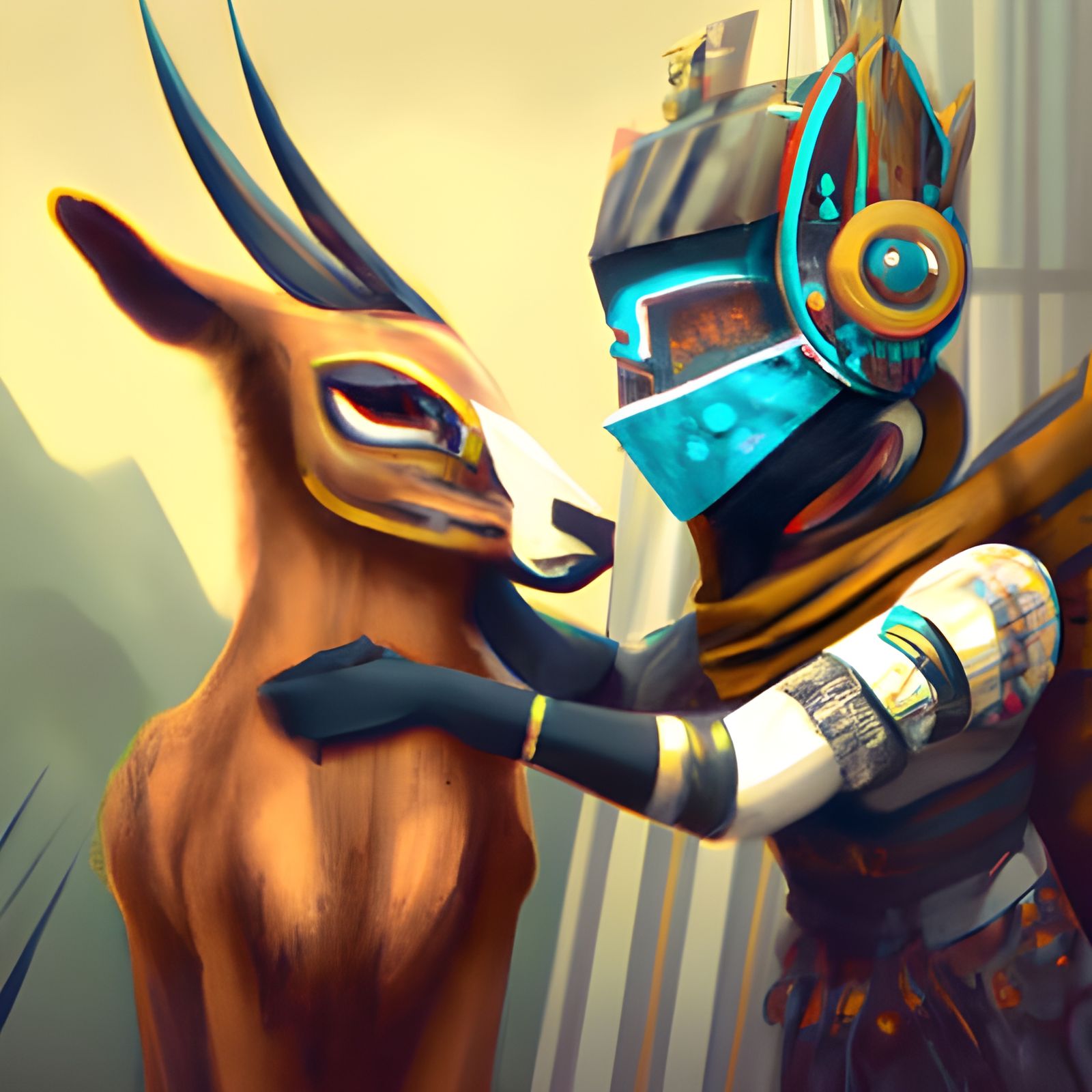 Baby Antelope Comforts Retrofuturistic Hero in Digital Art
