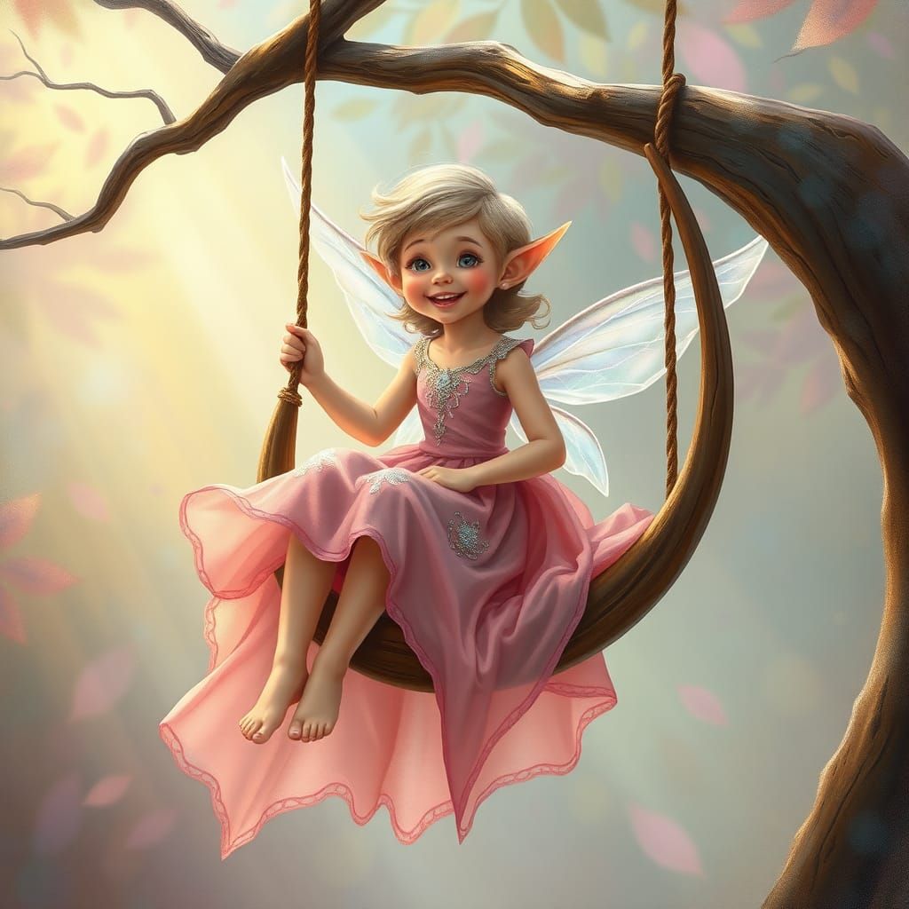 Elf Maiden on Swing with Silver Wings