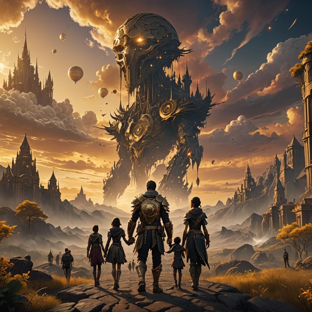 People Hand-in-Hand Under Golden Skies, Digital Art