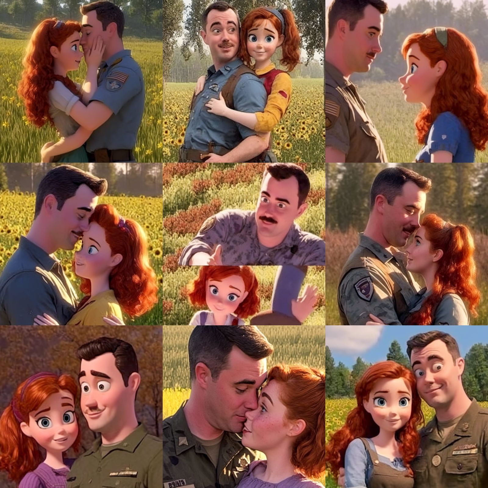 Couple Kissing in Field, Pixar Style 3D Render