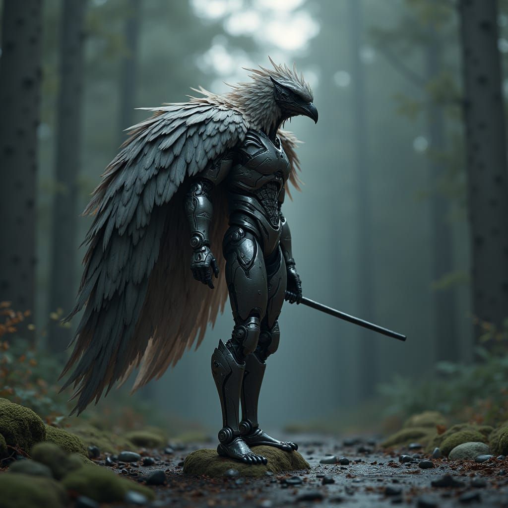 Feathered Sci-Fi Warrior in Polished Metal Armor