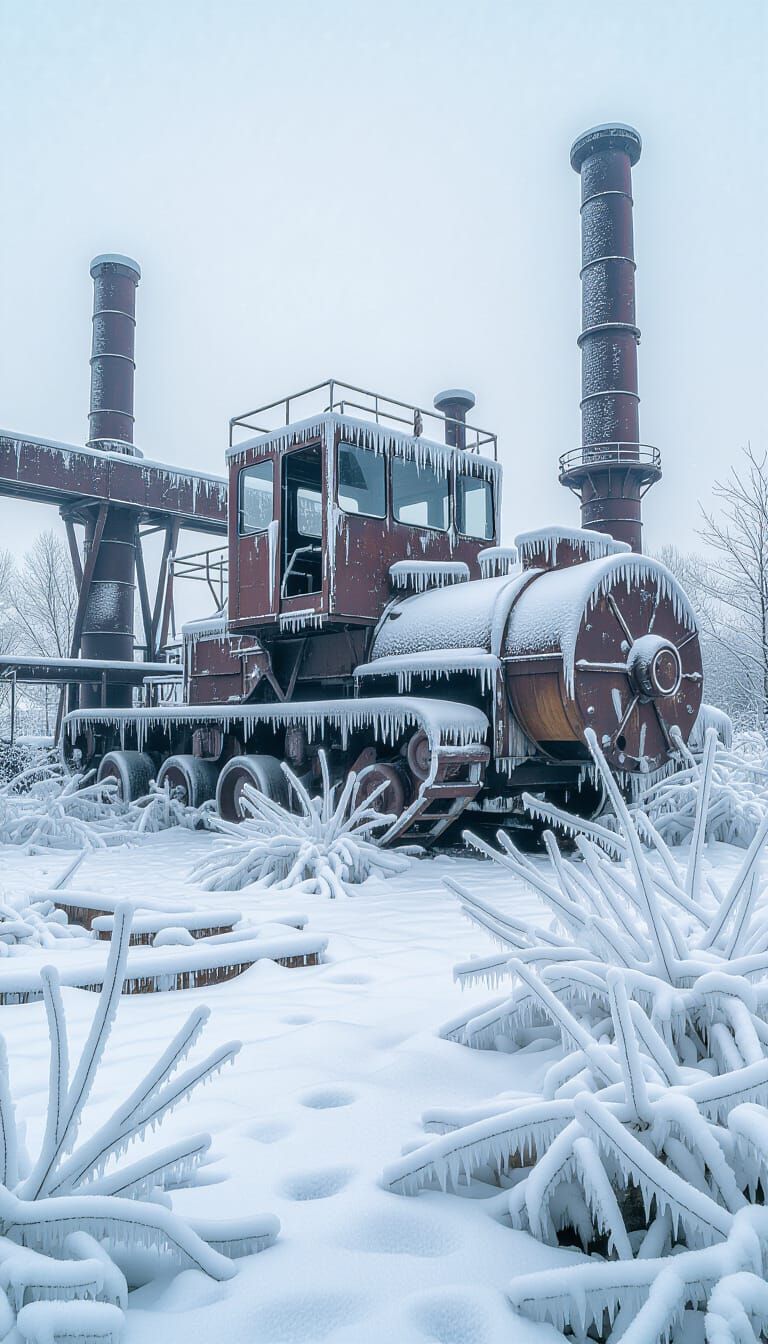 White Industrial Ruins Gleaming with Ice and Snow
