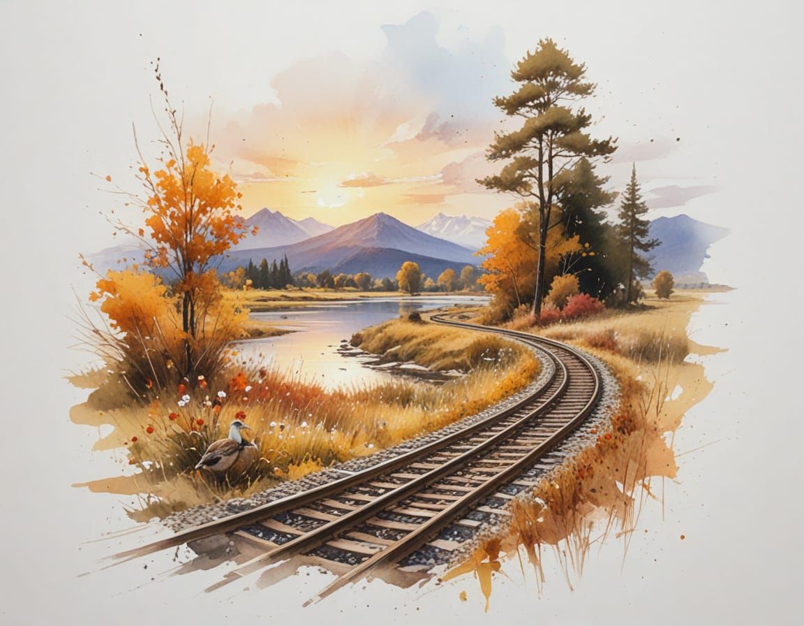 Ducks on Railway Tracks at Sunrise in Vibrant Countryside