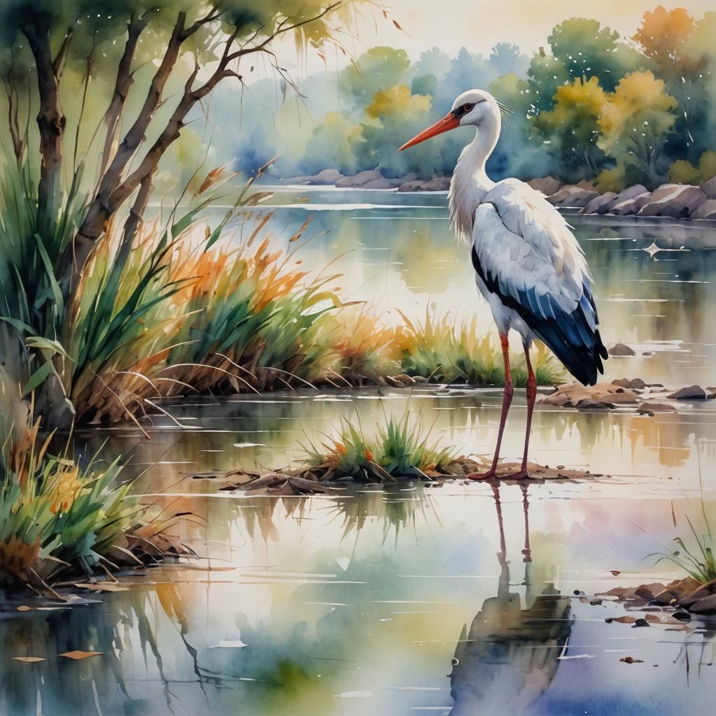Stork Bird in Impressionist Watercolor Landscape
