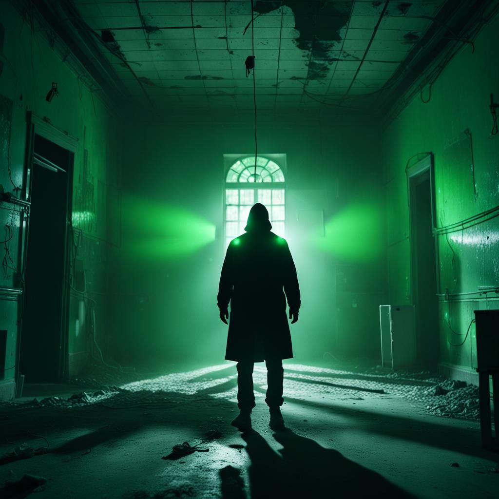 Ghost Hunter in Abandoned Asylum: Cinematic Film Still