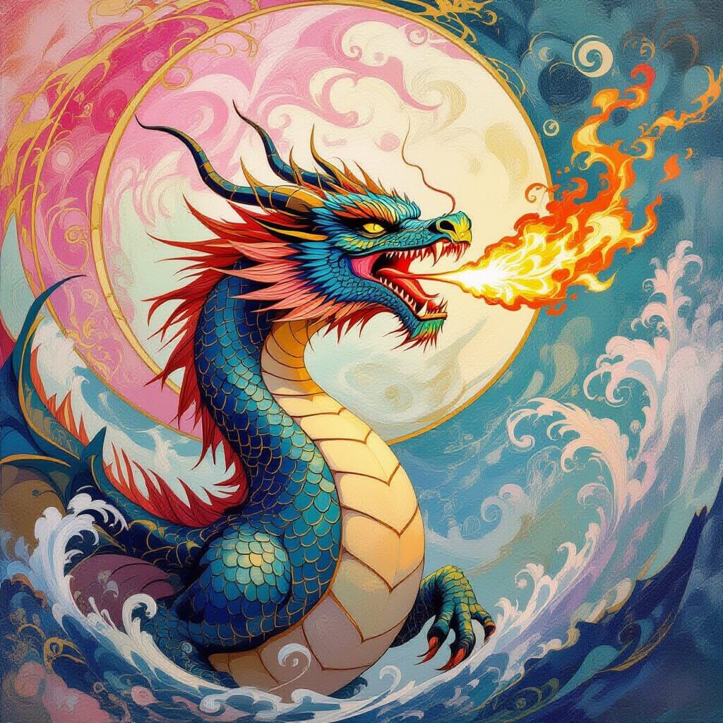 Majestic Dragon Spitting Fire in Impressionistic Style