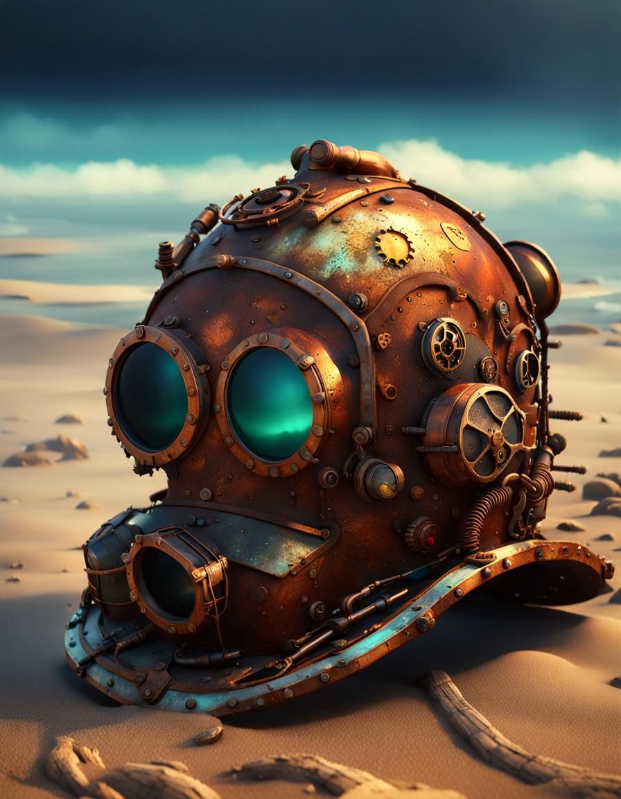 Rusty Steampunk Helmet on Beach in Detailed Matte Painting