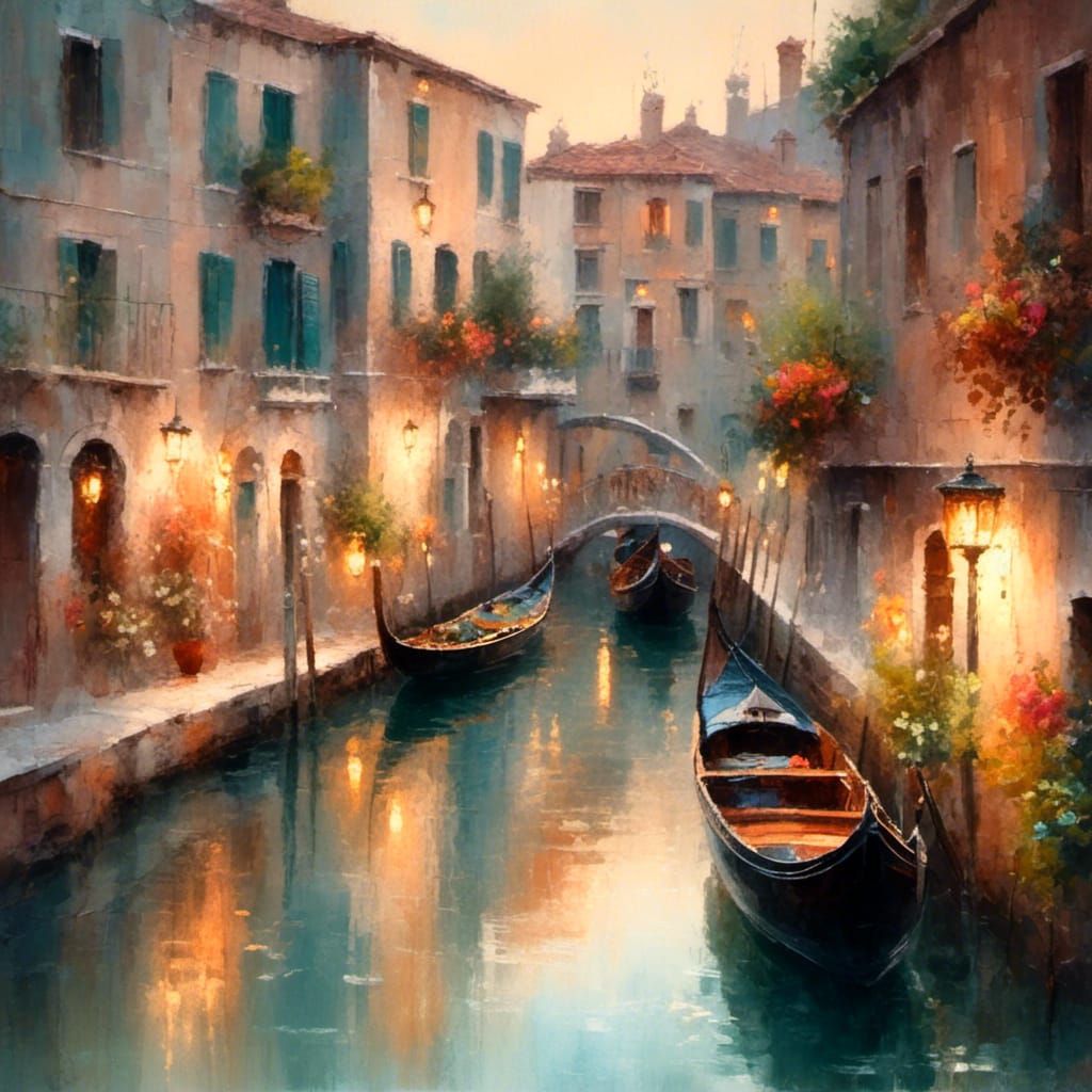 Venice Canal Gondola in Watercolour Style