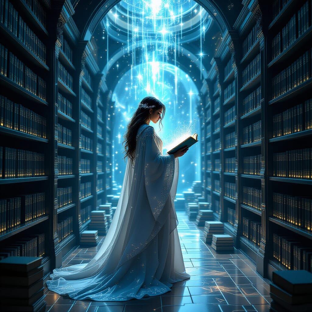Celestial Librarian in Dream Dimension, Hyperrealistic Style