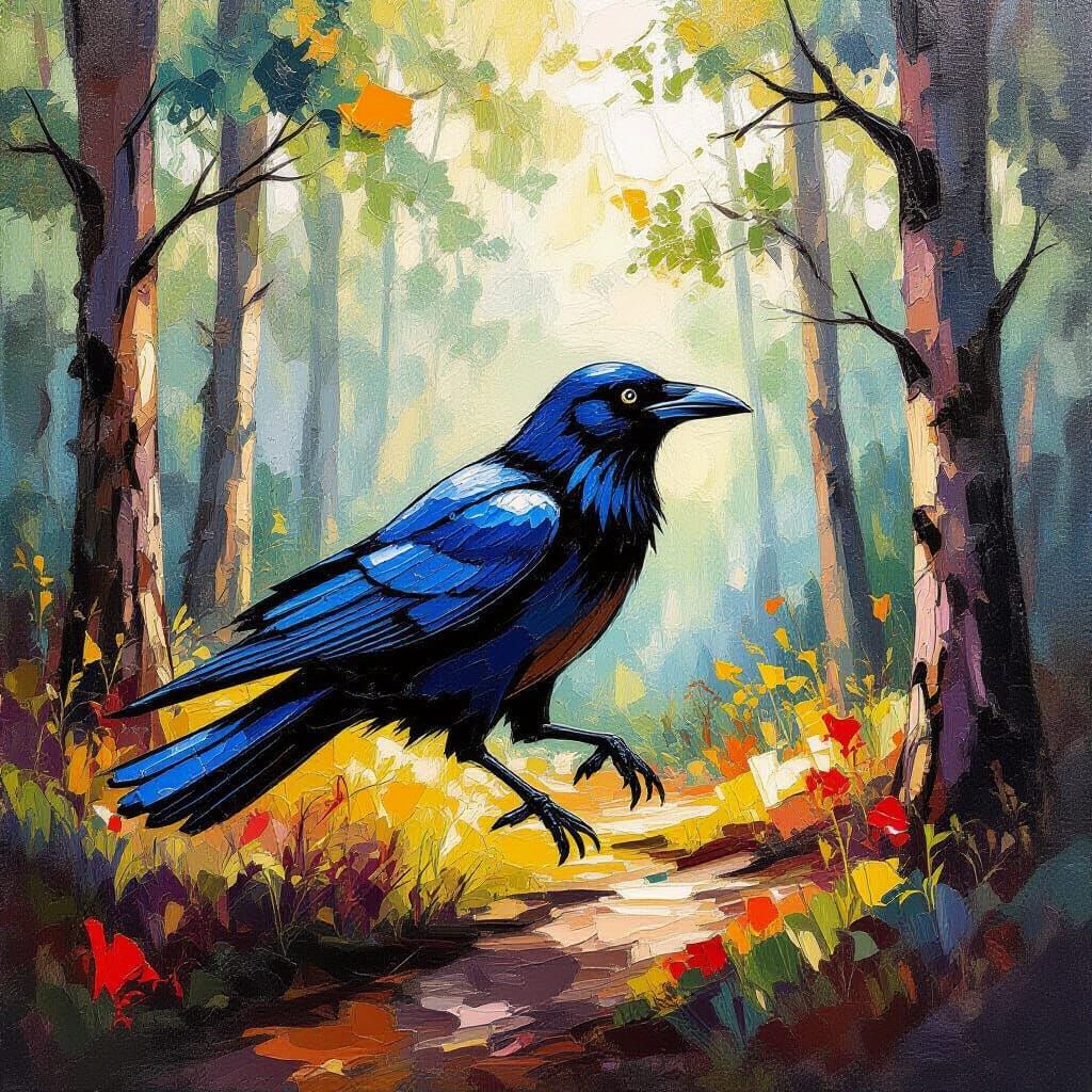 Raven Running Through Forest in Expressionist Style