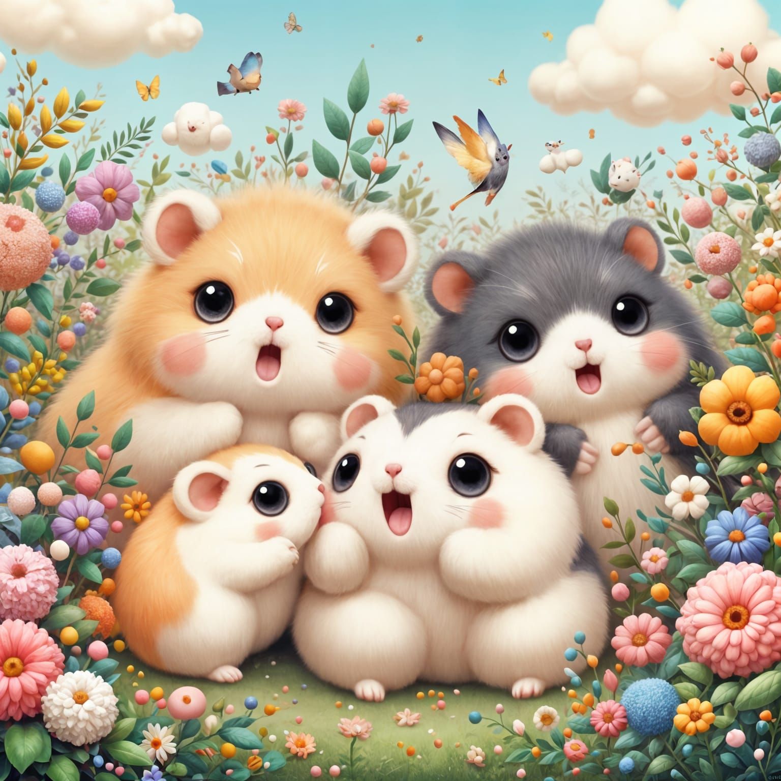 Cute Anime Hamsters Playing in Flower Garden