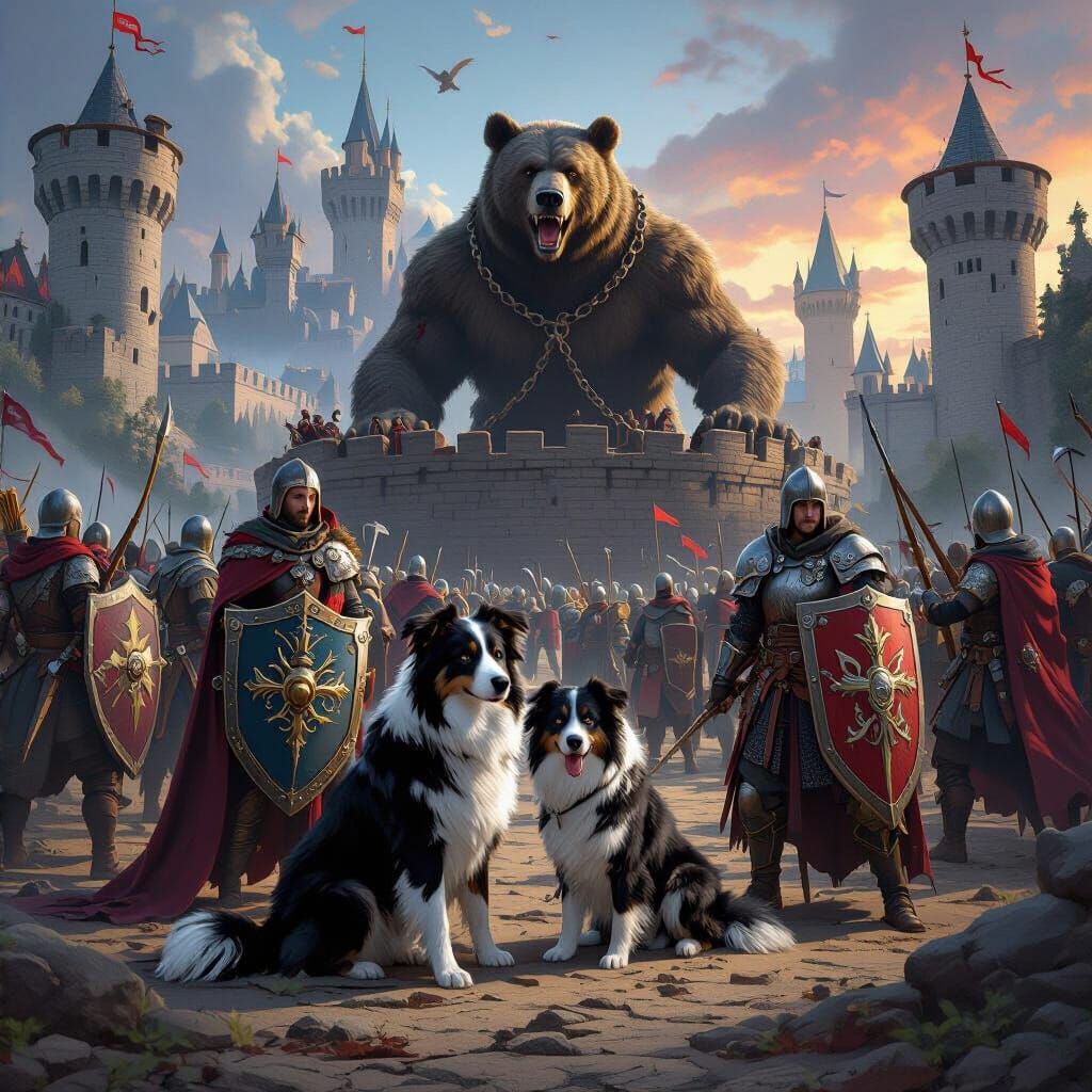 Medieval Battle Matte Painting with Warriors, Dogs, and Mons...