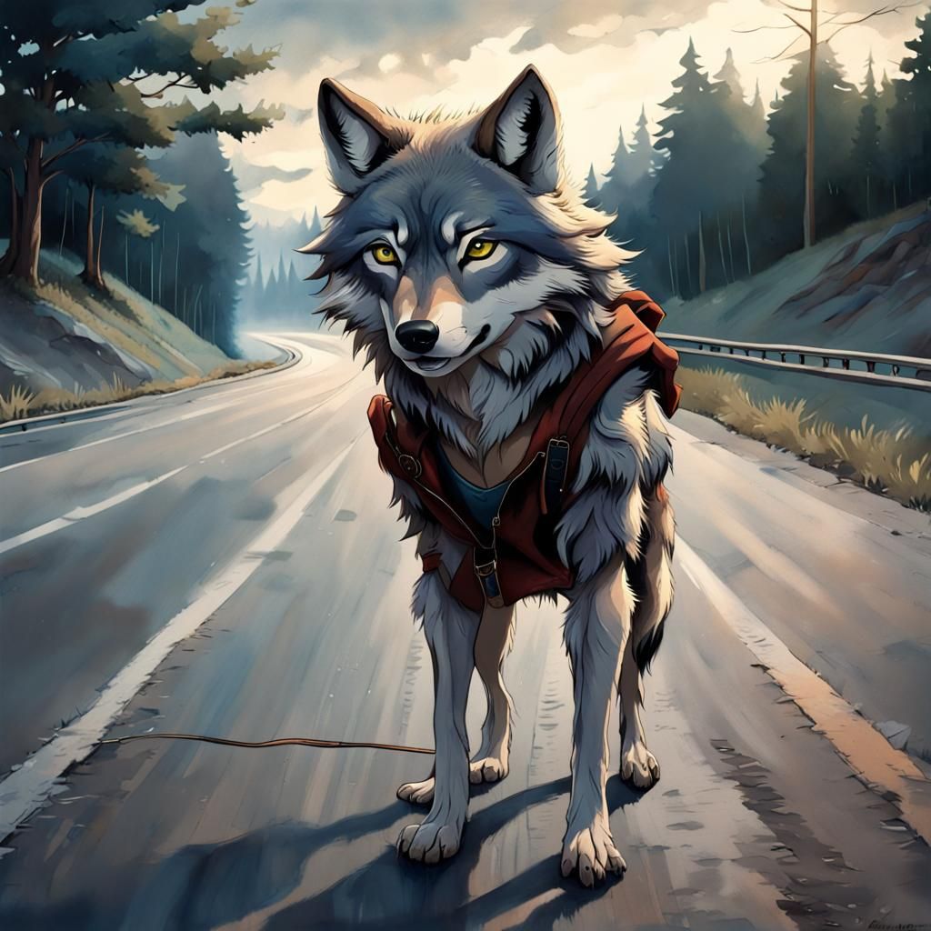 Anime Wolf Hitchhiker on Freeway in Photorealistic Style