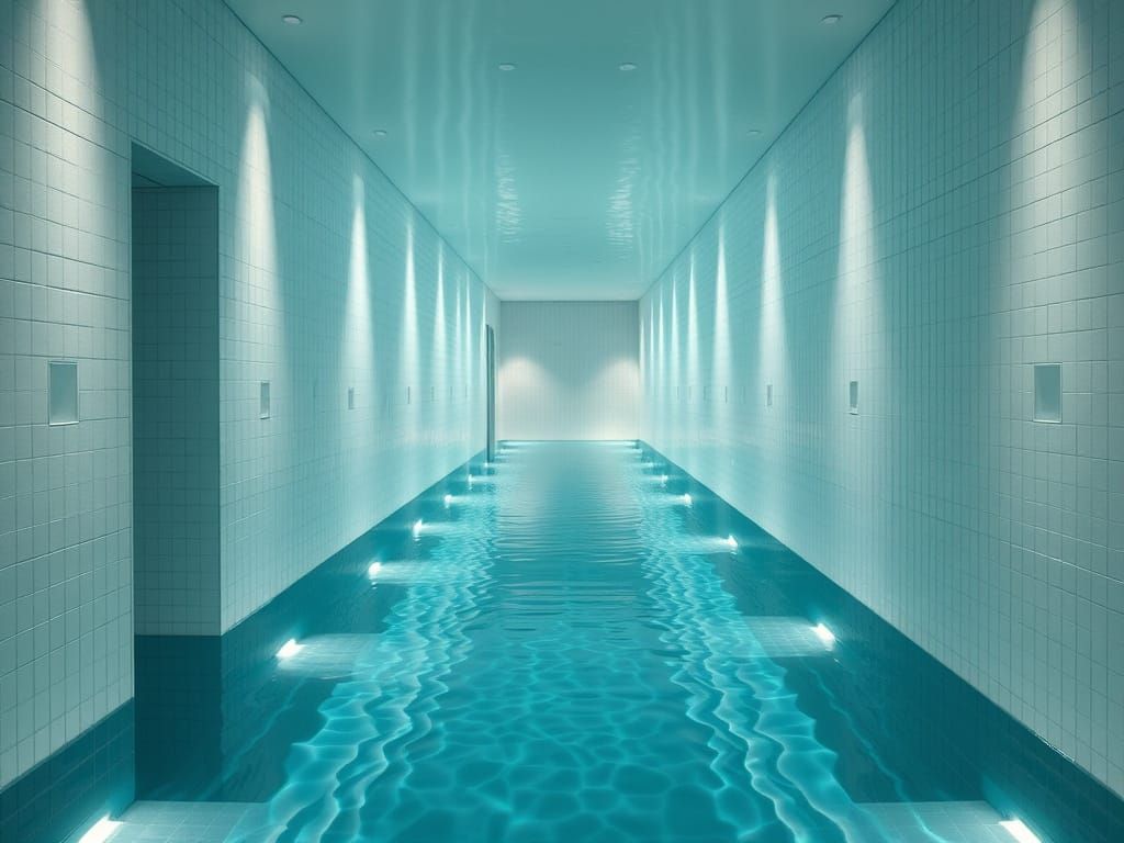 Liminal Swimming Pool Hallway with Mosaic Walls