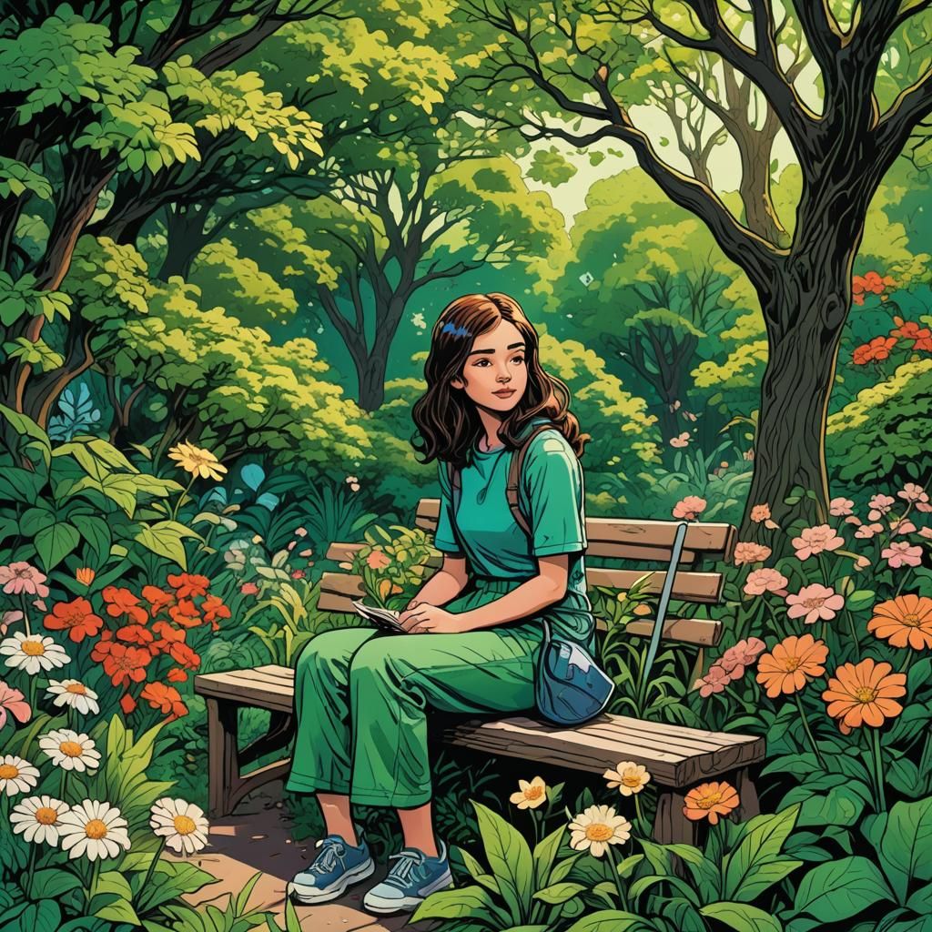 Lush Garden Scene in Comic Book Style